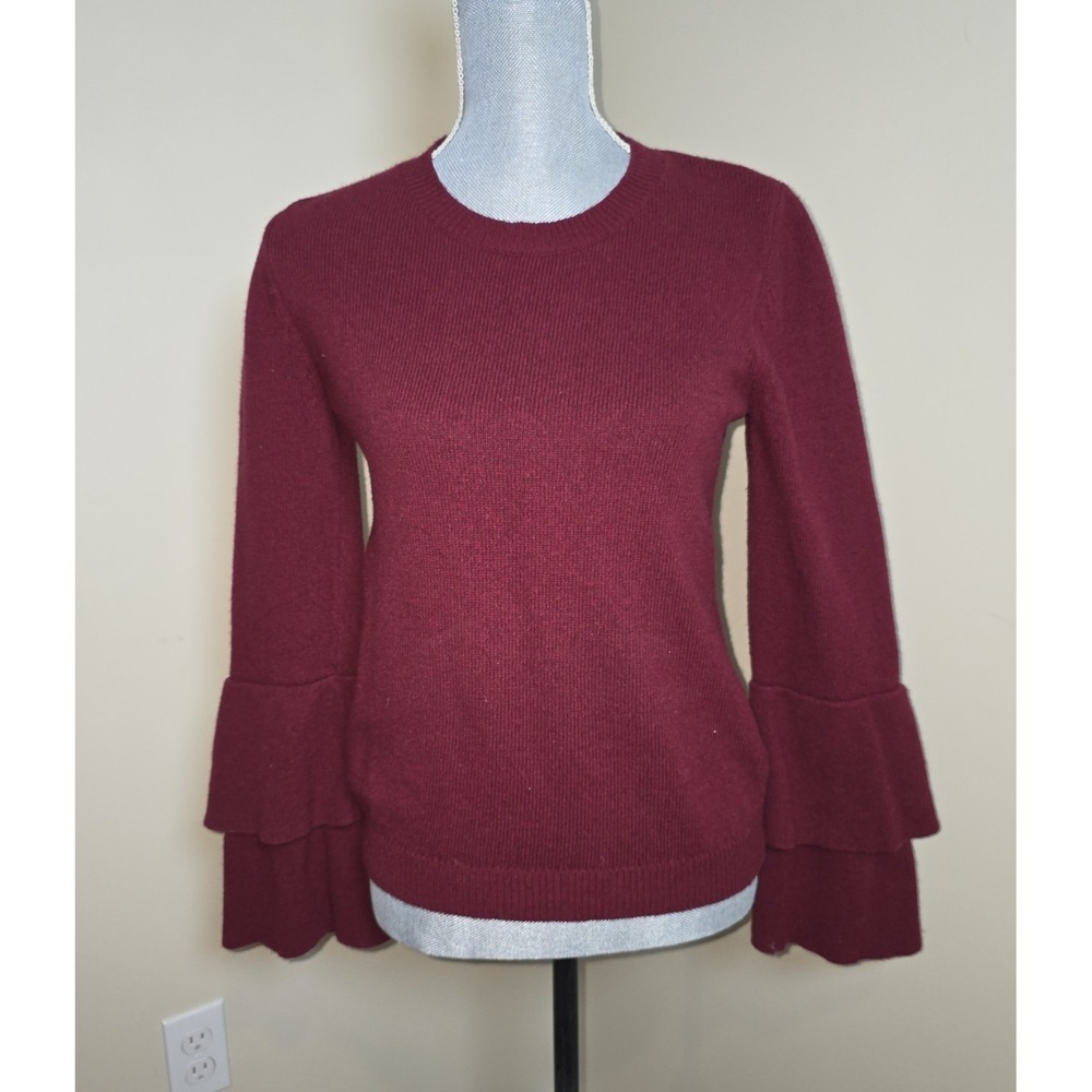 J.Crew Mercantile Womens Medium Burgundy Ruffle Bell Sleeve Crew Neck Sweater